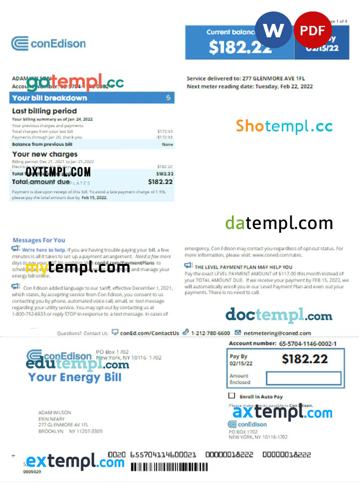 USA NEW YORK CONEDISON utility bill Word and PDF template, version 2