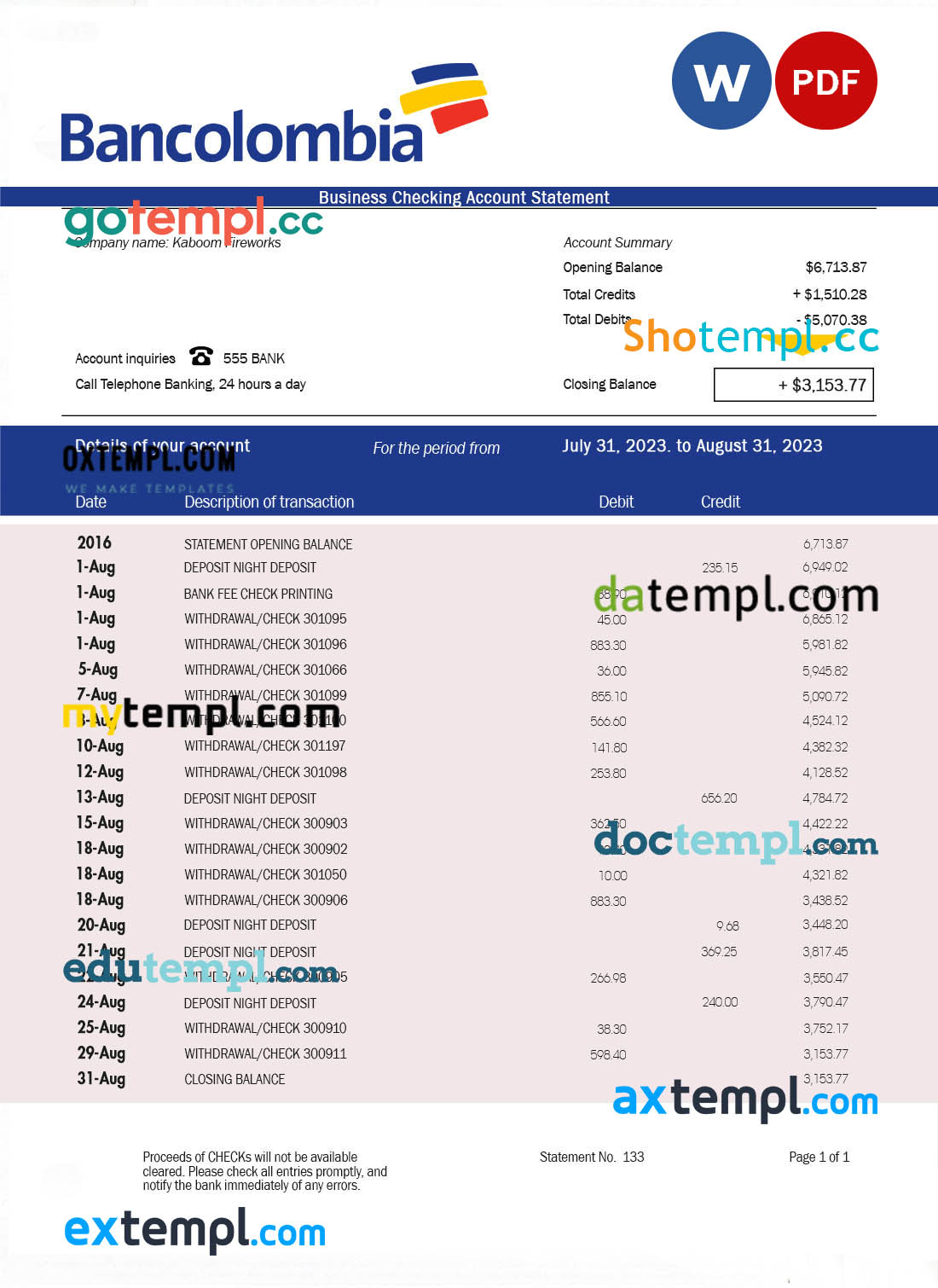 Bancolombia Bank firm statement Word and PDF template