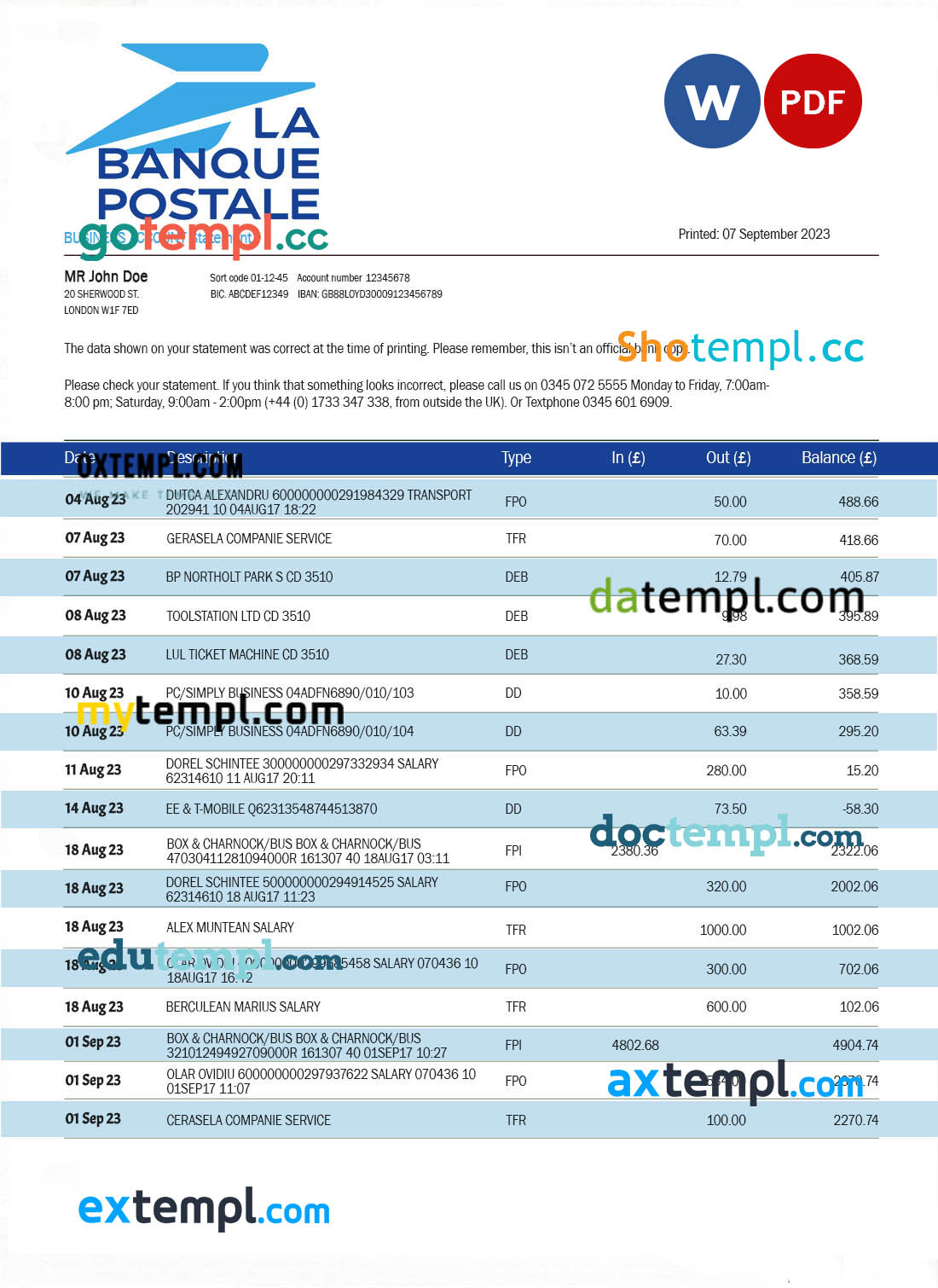 LA Banque Postale firm bank statement Word and PDF template