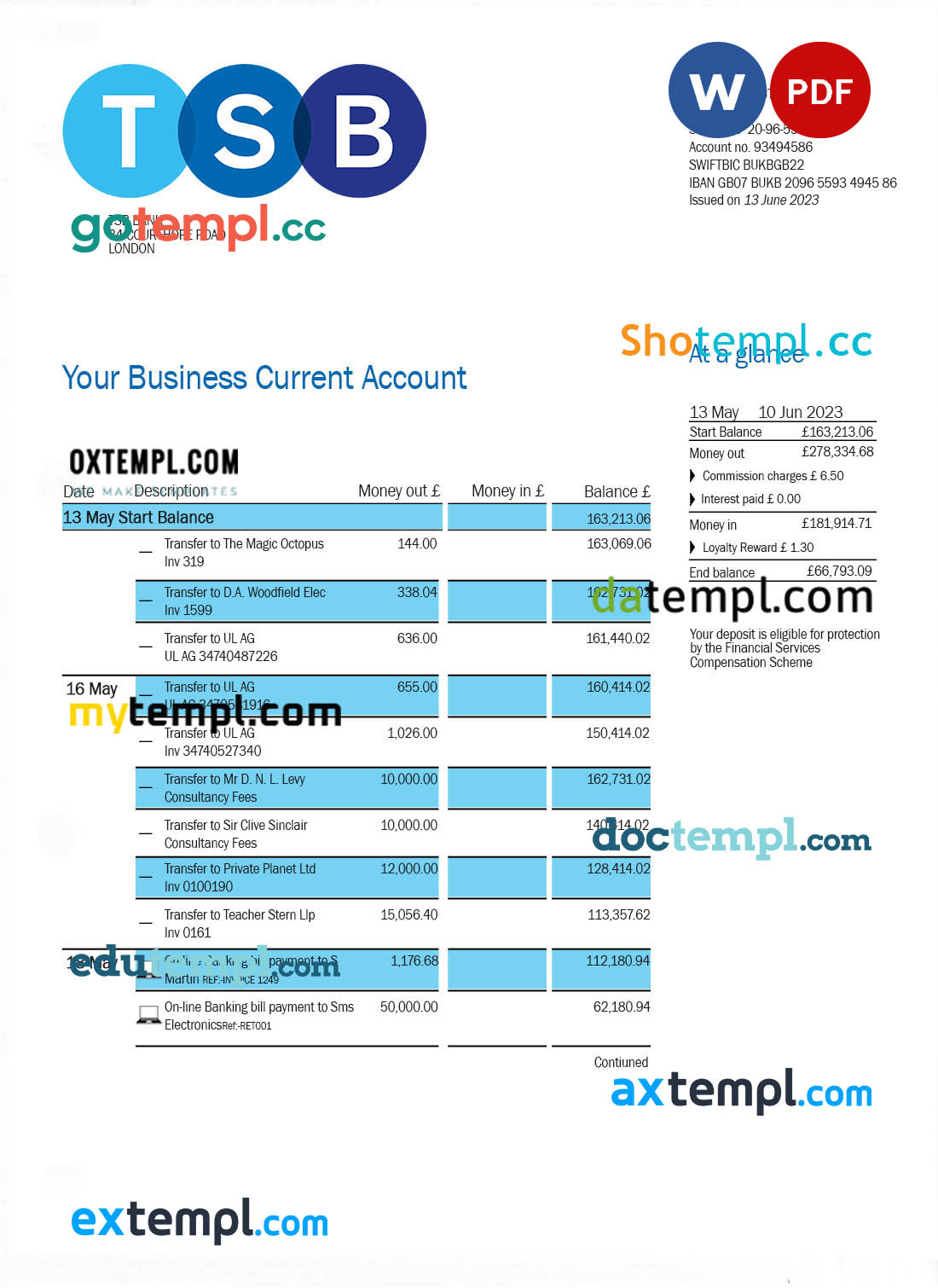 TSB Bank firm account statement Word and PDF template