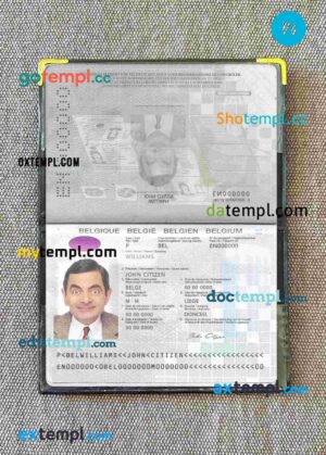 Belgium passport editable PSD files, scan and photo look templates, 2017 – present 2 in 1