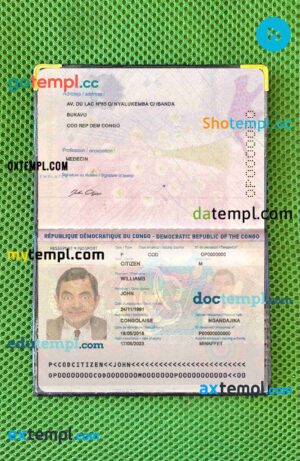 Congo passport editable PSD files, scan and photo look templates, 2 in 1 2015-present