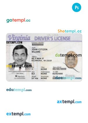 USA Virginia driving license template in PSD format (front)